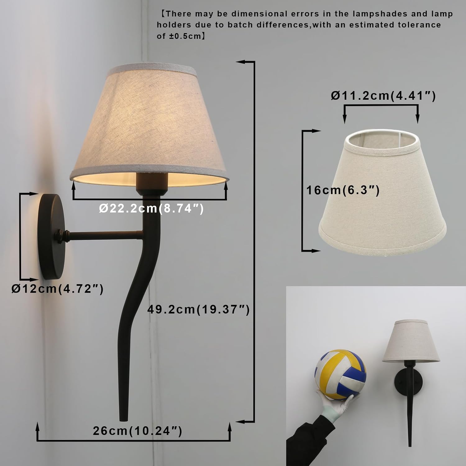 Yosoan Boho Linen Fabric Staircase Wall Sconce Set of 2, Vintage Vanity Industrial Aged Beige Retro Indoor Wall Mounted Hardwired Funnel Cloth Textile Shade for Bedroom Living Room Fireplace(Black)