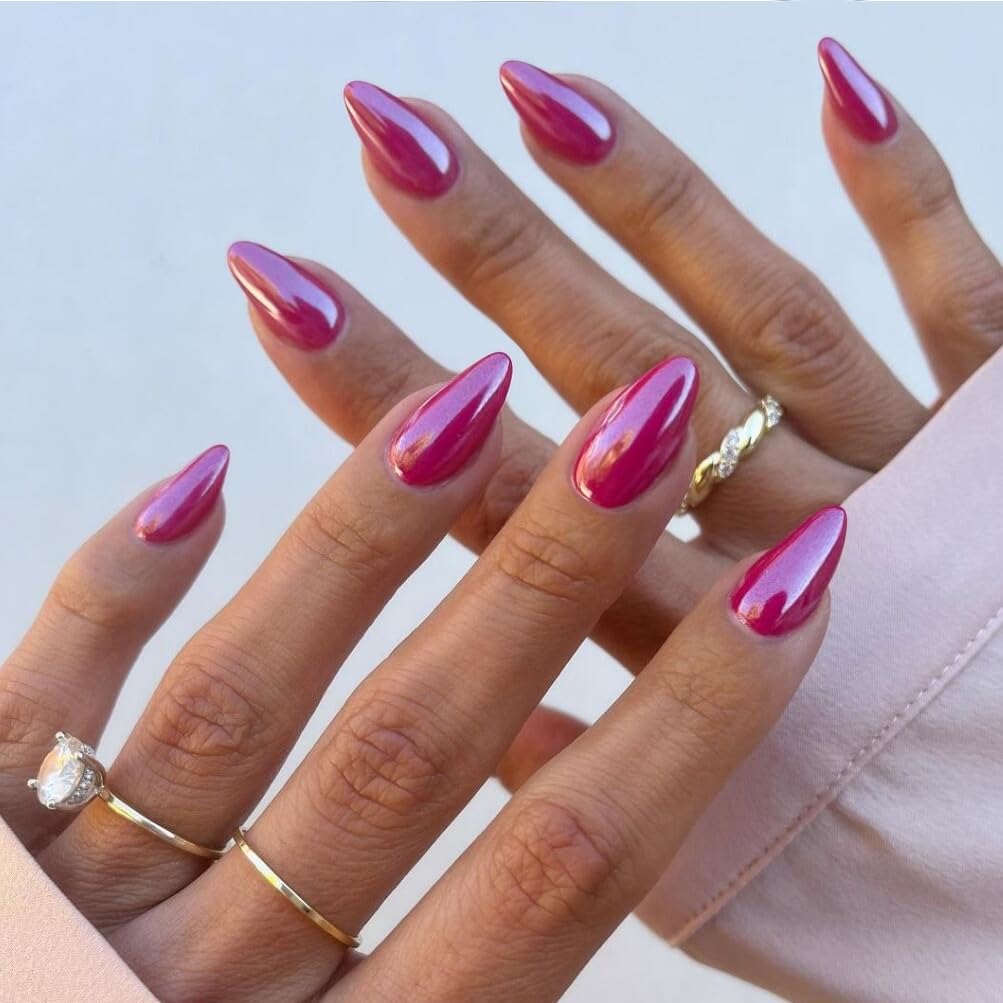 SXVME Chrome Hot Pink False Nails Medium, Glitter Pink Press On Nails Summer, Bling Glazed Gel Fake Nails Press on - Image 3