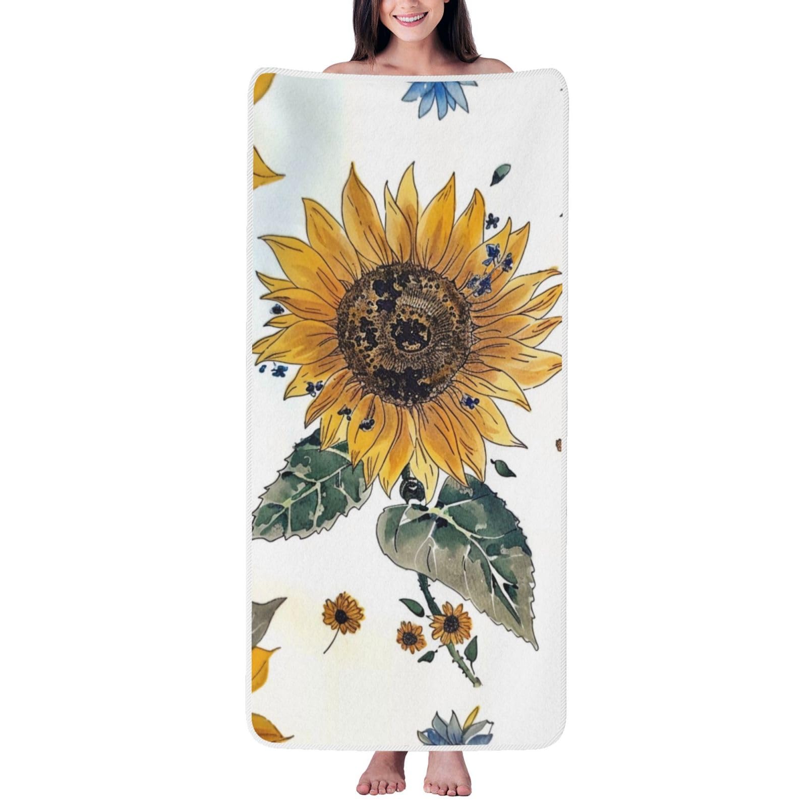 WPKJU Sunflower Printed Bath Towel with White Edging - 27x55 in Soft Extra Absorbent Coral Velvet Shower Towels for Bathroom