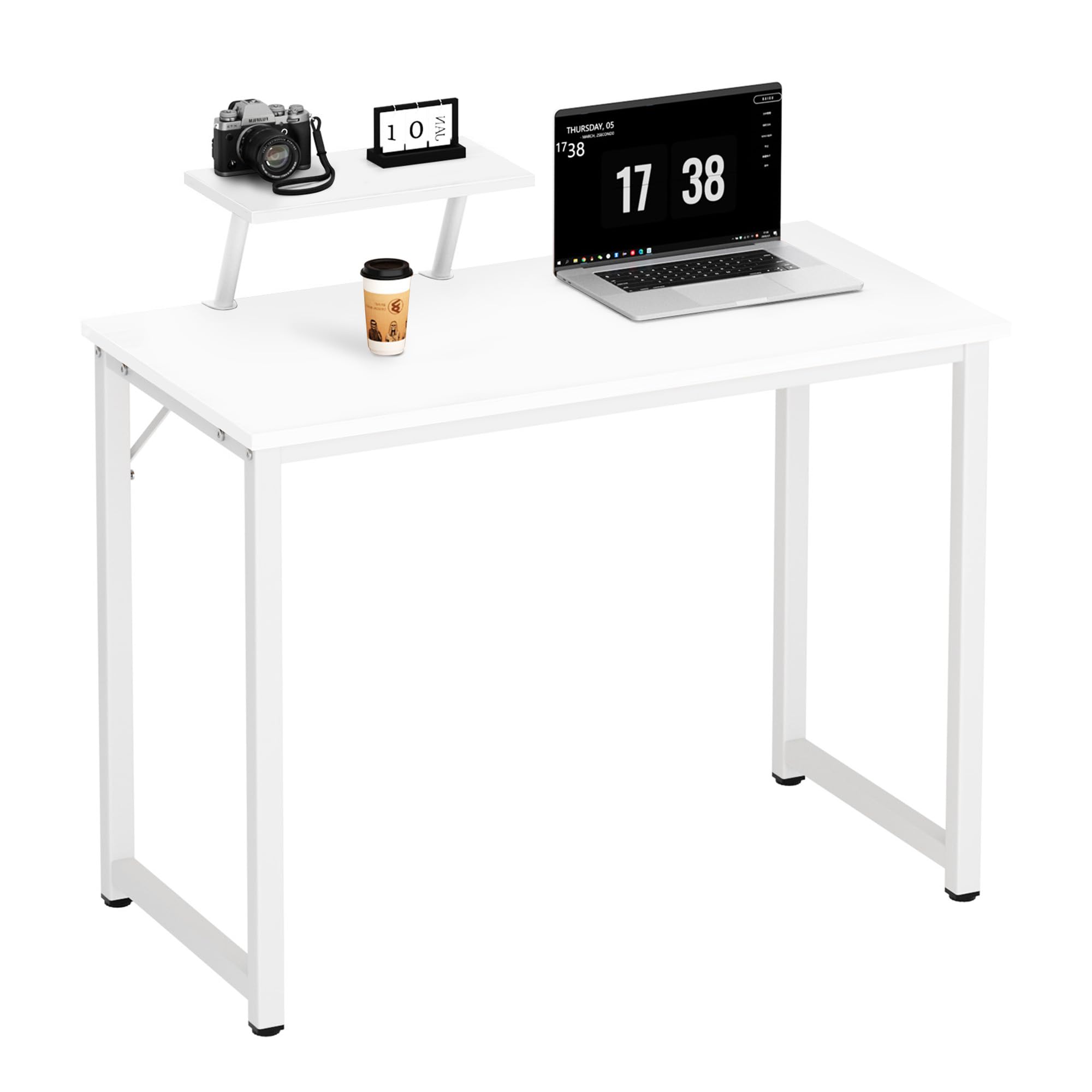 soges Scrivania per computer, piccolo tavolo da lavoro, in legno e telaio in metallo, con supporto, tavolo per laptop, tavolo da studio per casa e ufficio, 80 x 40 cm, bianco