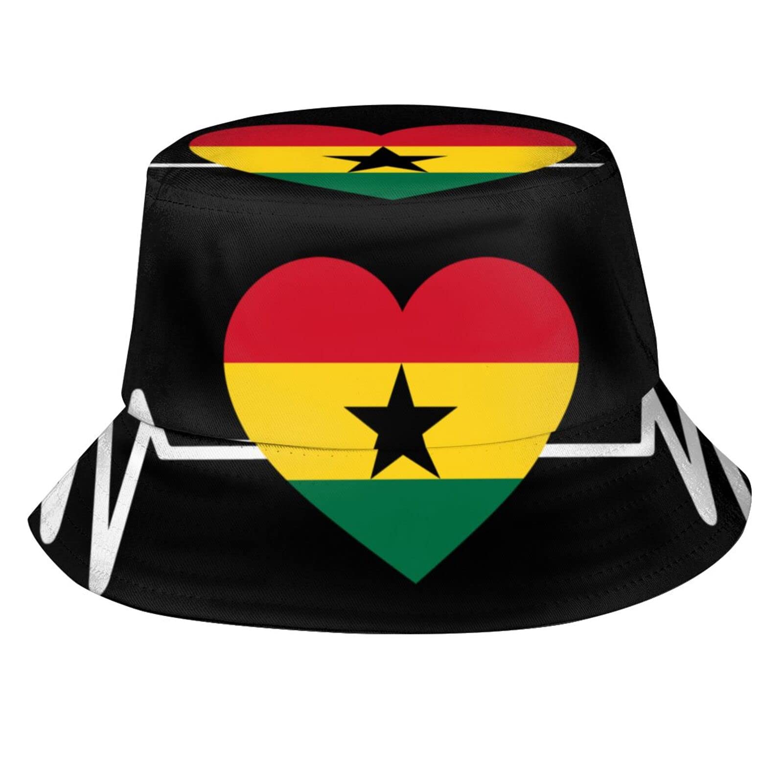 Aooedm Unisex Ghana Flag Heartbeat Bucket Hats Travel Beach Sun Protection Fisherman Hat For Woman Man