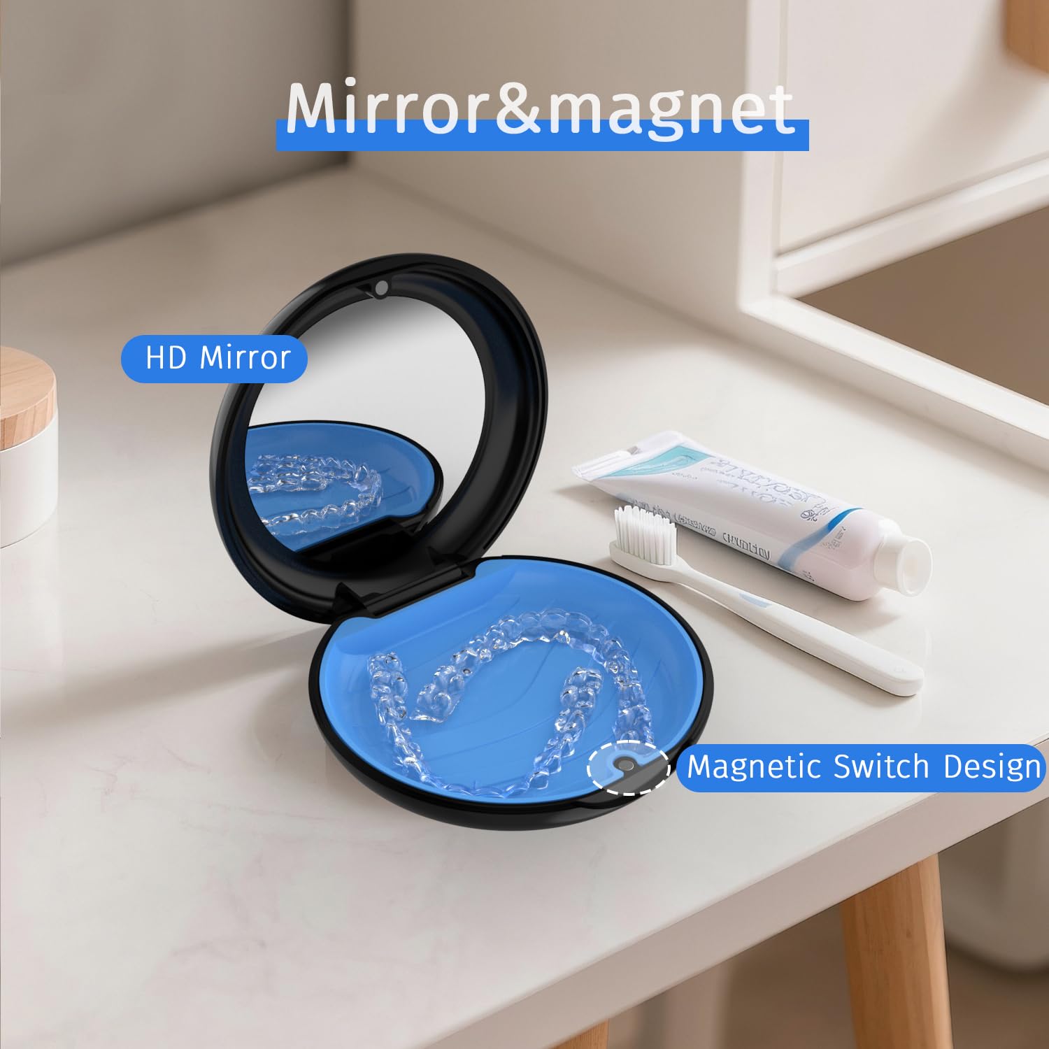 Paquete de 2 fundas de retención con espejo, compatible con Invisalign, funda de alineación ortodóntica con herramienta de extracción y cepillo, color negro