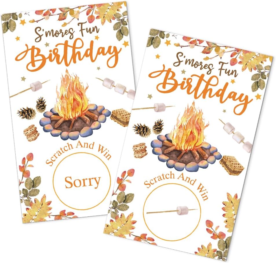 50 Pack S'mores Fun Birthday Fall BBQ Theme Game Scratch Off Cards, Scratch Cards for Birthday Game, Funny Raffle Tickets for Bonfire Party Lottery Group Game Family Activity, Baby Shower