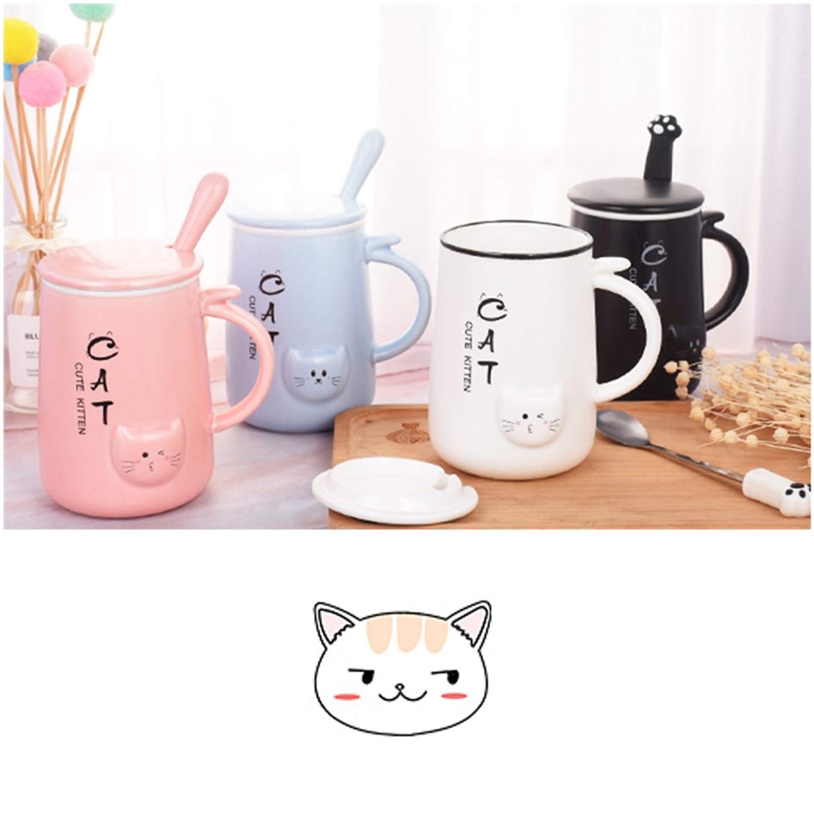 Taza de café, Taza de té, Taza de café de cerámica con Tapa y Cuchara, Hermosa Taza en Forma de Gato 3D, Tazas de Agua/té/Leche, Oficina en casa (Azul)