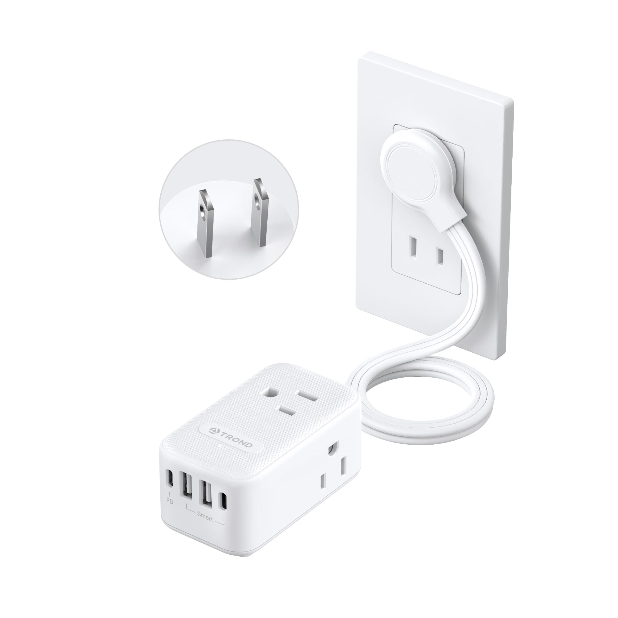 TROND 2 Prong Power Strip - 2 Prong to 3 Prong Outlet Adapter, 20W USB C Flat Plug Power Strip, 5 FT Ultra Flat Extension Cord, 1250W, 3 Outlets & 4