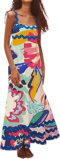 Women Boho Maxi Cami Dress Sleeveless Spaghetti Strap Dresses Graffiti Long Flowy Dresses Cute Summer Beach Sun Dress
