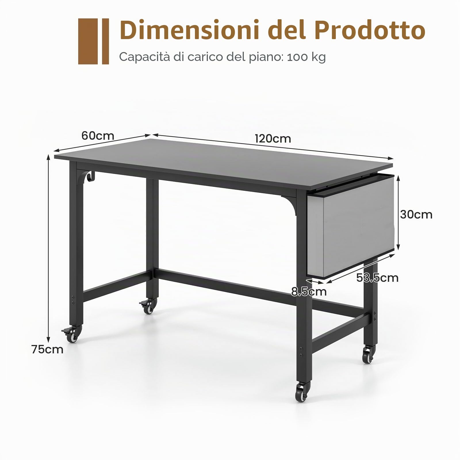 LIFEZEAL Scrivania su rotelle, scrivania per computer con telaio in metallo, tavolo per laptop con gancio e tasca laterale, tavolo da lavoro per camera da letto, studio, 120 x 60 cm (nero)
