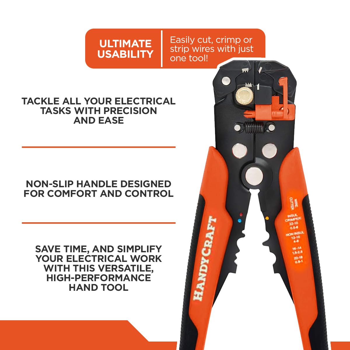 HandyCraft - Pelacables, cortador y crimpadora 5 en 1, herramienta de pelado automático para cables eléctricos de 10-24 AWG, herramienta manual de precisión multifunción