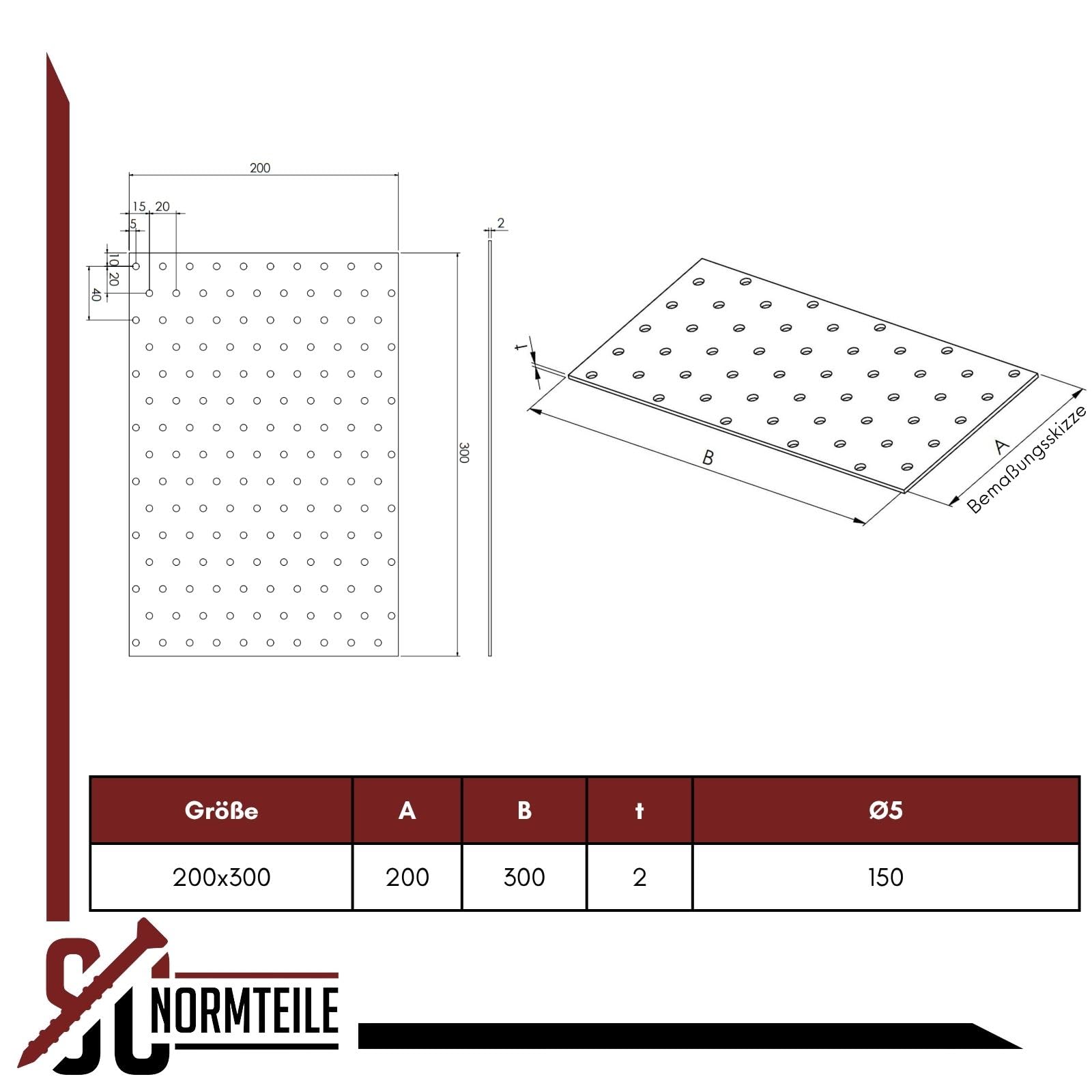 SC-Normteile | Lochplatten - 200 x 300 mm (Stärke: 2mm) - 12 Stück - verzinkter Stahl - Verbindungsplatte mit Lochung - Made in Germany