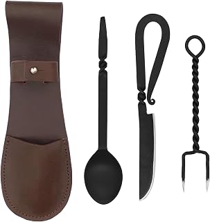 Lord of Battles Medieval Cutlery Set Functional Camp Gear Rustic Viking Cutlery Set | Pack of Medieval Knife, Fork, Spoon | Handforged Feasting Set (Stainless Steel with Leather)