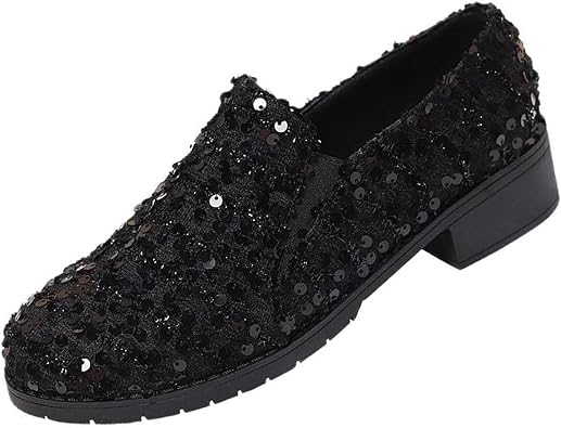 Elegant Womens Slip-On Loafers with Sequin, Black Glitter Slip-On Shoes with Chunky Heel Dress Shoes for Party Wedding