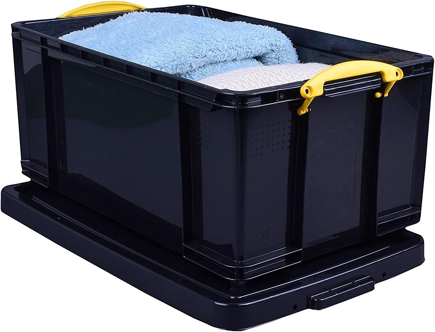 Really Useful Plastic Storage Box 64 Litre Solid Black with Yellow Handles