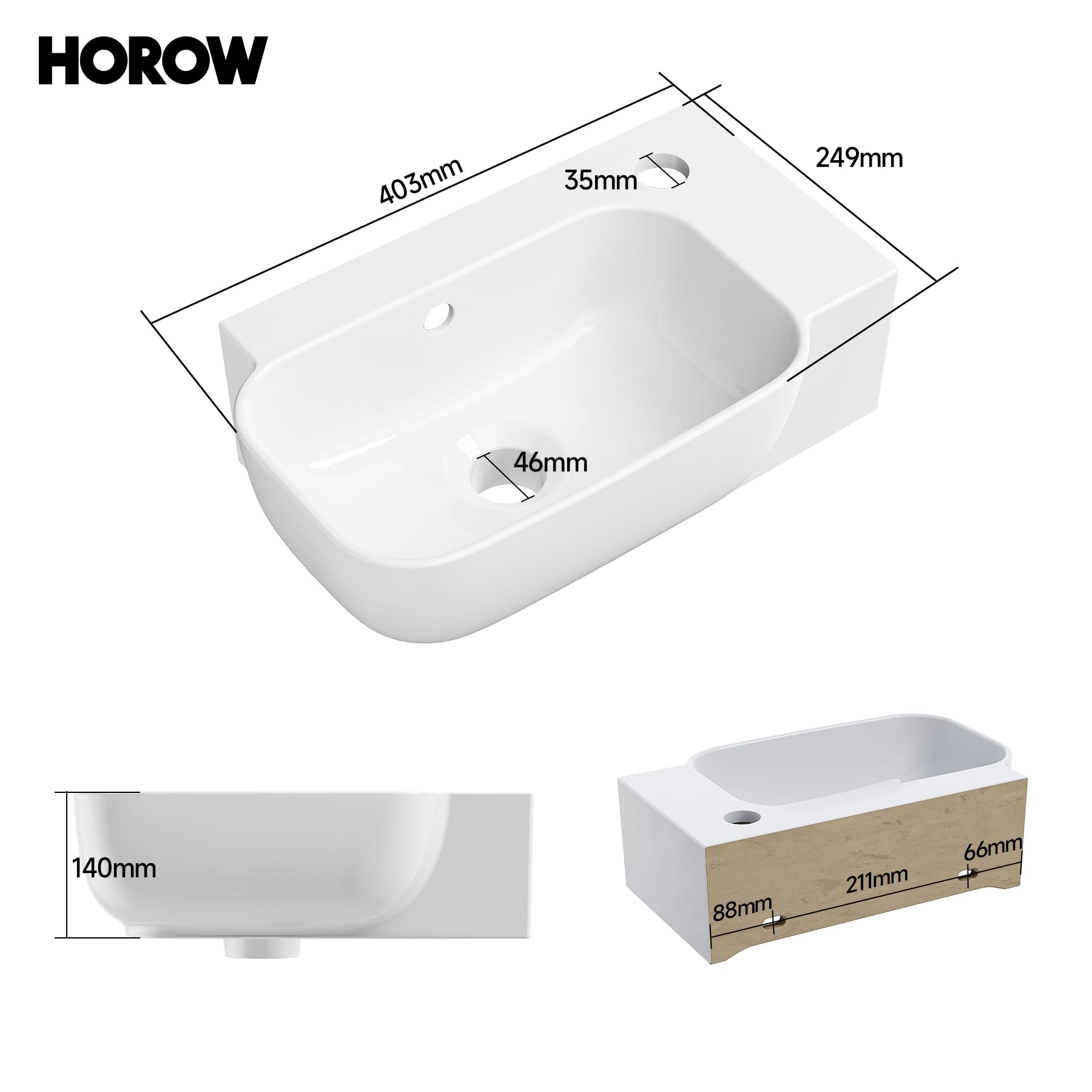 HOROW Eck Waschbecken Klein 40 × 25 cm hart kratzfest für Gäste-WC | Keramik Aufsatzwaschbecken mit Hahnloch & Überlauf, Waschschalen DIN-Norm, Einfache Wandmontage & Aufsatzmontage Modernes Bad
