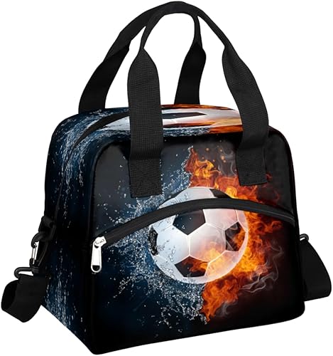 Lonchera de fútbol con aislamiento térmico para mujeres, hombres, niñas, niños, agua y fuego, bolsa de almuerzo con correa ajustable para el hombro,