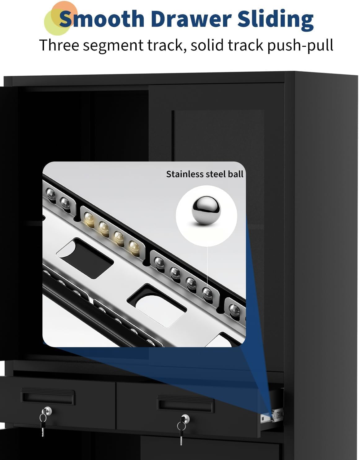 PioneerWorks ​​71" Black Metal Storage Cabinet w/Glass Doors | 2 Drawers + 2 Adjustable Shelves, Lock Feature | for Garage, Home Office Organization​​