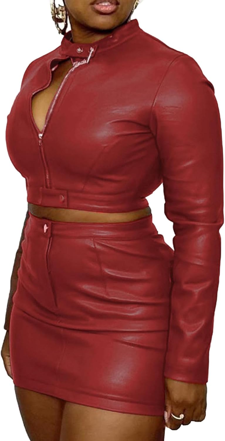 Sexyshine Women's 2 Piece Faux Leather Outfits Long Sleeve Zipper Up Buckle Crop Top Jacket Bodycon PU Skirt Set Clubwear