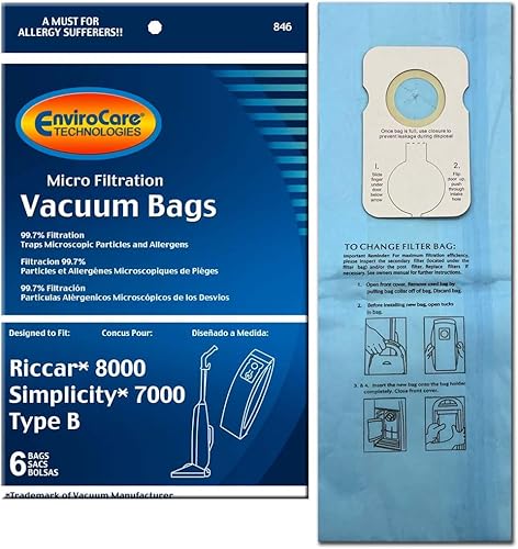 EnviroCare Bolsas de polvo de repuesto para aspiradora de microfiltración hechas para adaptarse a Riccar 8000 Simplicity 7000 Tipo B 6 unidades