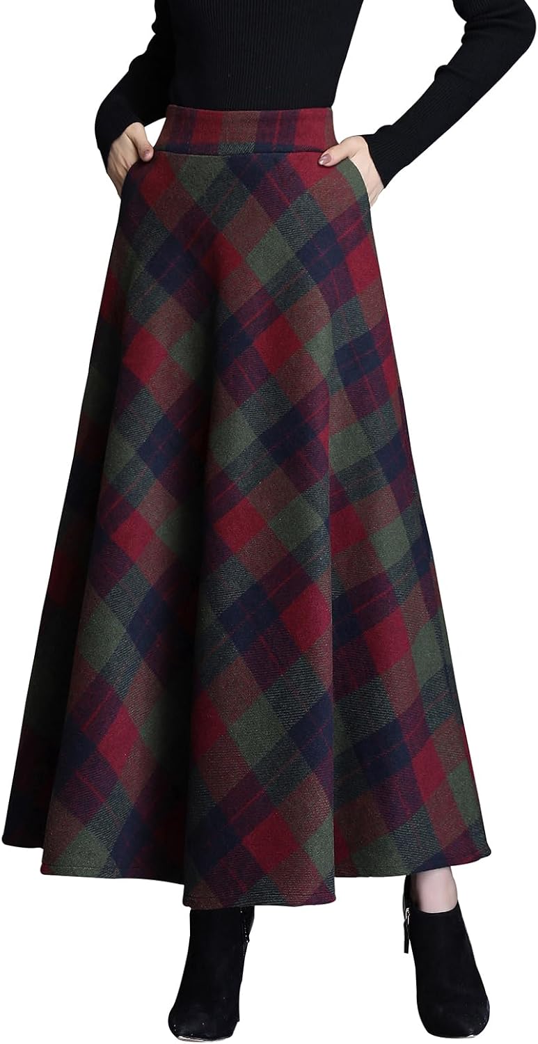 Womens Plaid Wool Long Skirt Vintage High Waist A-line Fall/Winter Midi Skirt