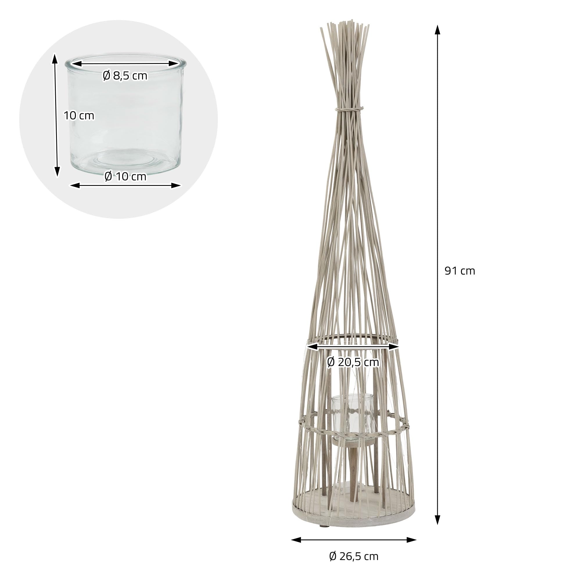 ECD Germany Linterna de Bambú con Guirnalda de Luces LED a Pilas e Inserto de Cristal, 91 cm, Portavelas de Madera, Farolillo Boho, Lámpara Interior/Exterior Decorativo para Jardín, Terraza, Balcón
