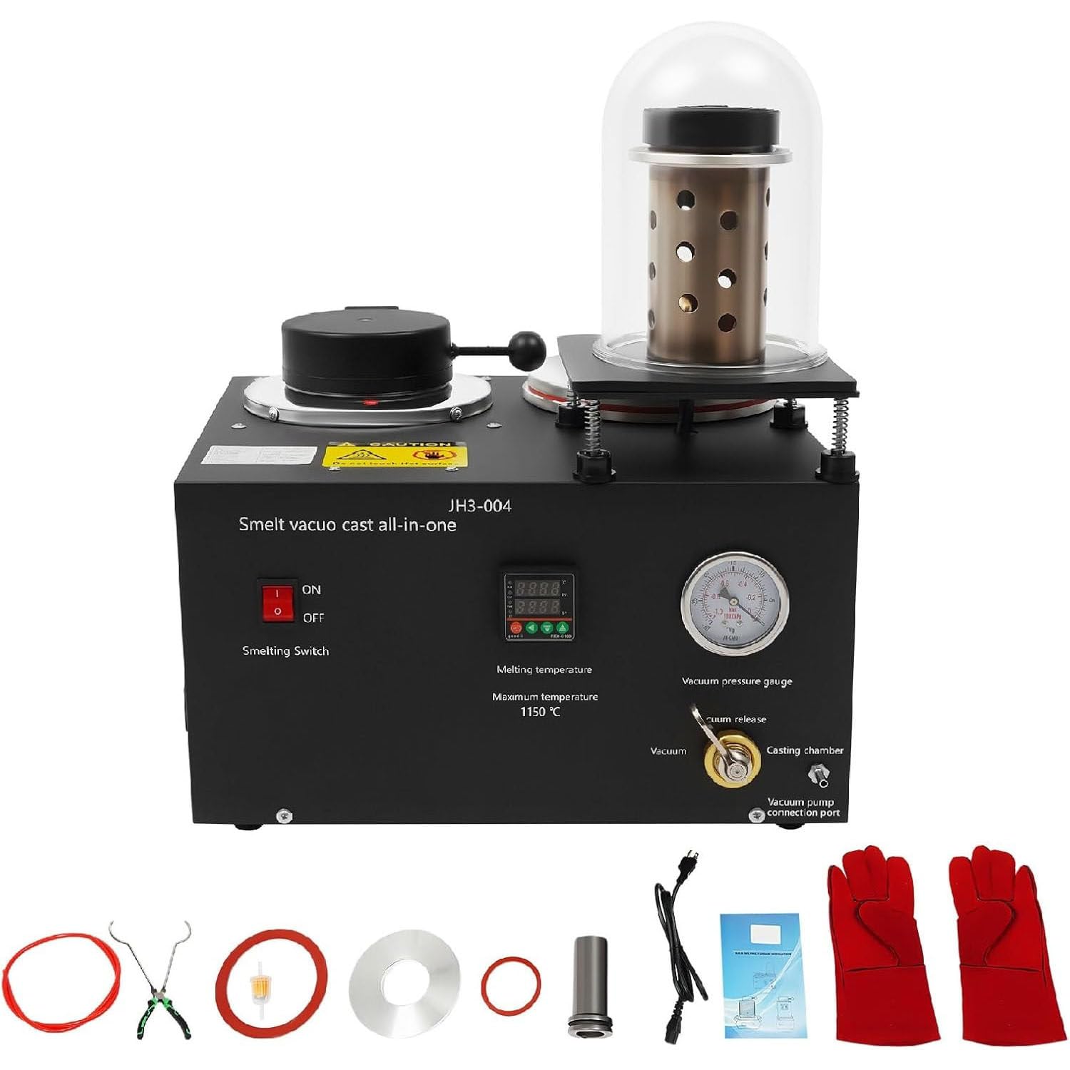 Macchina di fusione e fusione sotto vuoto,Forno di fusione elettrico 1500℃,Pompa a vuoto 1/2HP 3CFM,Combinazione di fusione a cera persa,Ottone argento oro,Kit di strumenti per colata di
