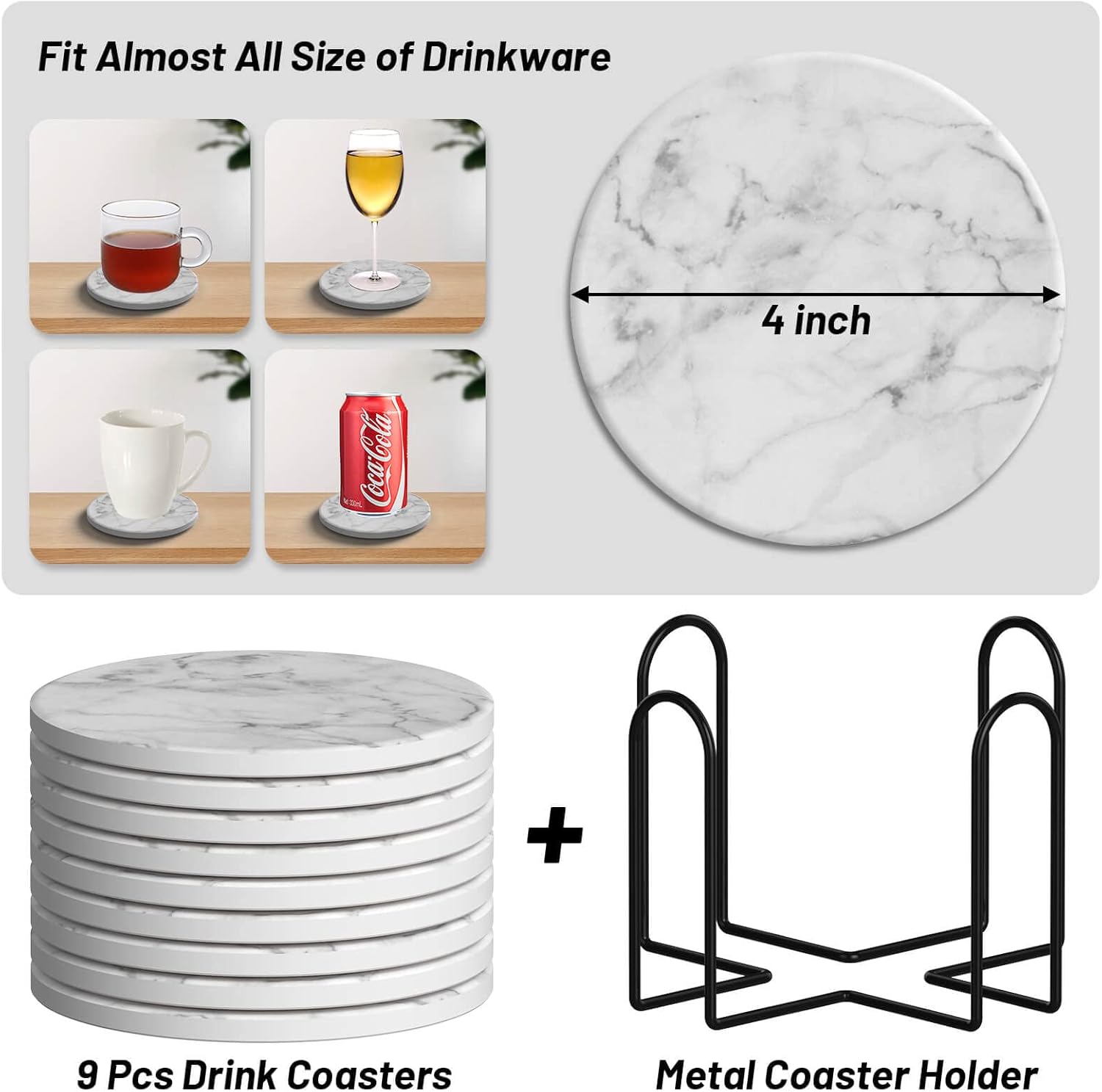 Billbotk 9 Pieces Ceramic Coasters for Drinks with Holder, Absorbent Drink Coasters for Coffee Table, Marble Style Coasters Wooden Table, Suitable for Kinds of Cups, 4 Inches - Image 3