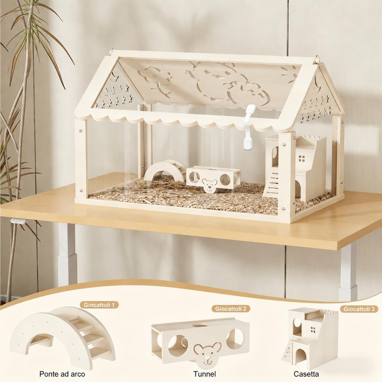 Gabbia per Criceti in Legno e Acrilico 60 × 30 × 40 cm, Habitat Trasparente per Criceti Nani e Piccoli Roditori con Coperchio Apribile, Gabbia Ventilata per Topi e Piccoli Animali Domestici