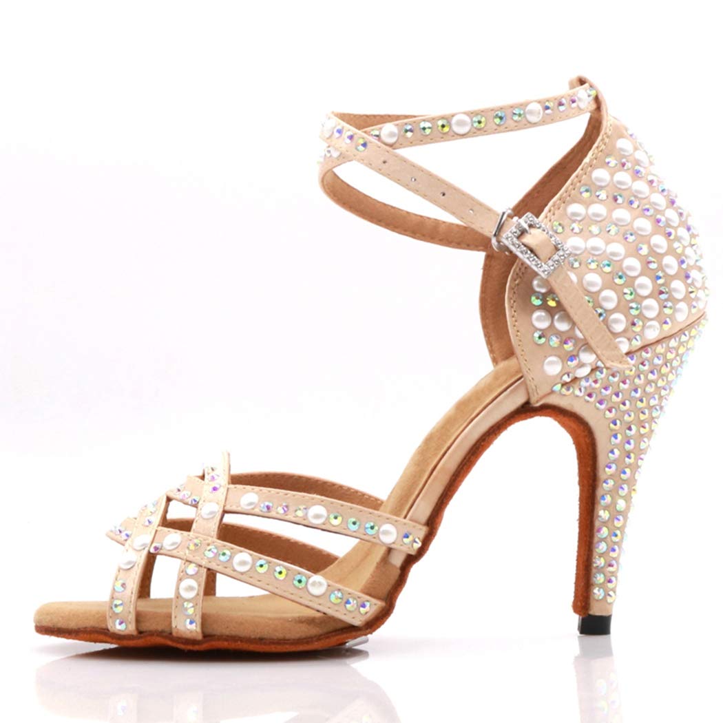 MGM-Joymod Women's Comfort Cross Strap Satin Rhinestones Pearl Peep Toe Salsa Tango Latin Modern Wedding Ballroom Dance Shoes/Beige 10cm 8.5 M US