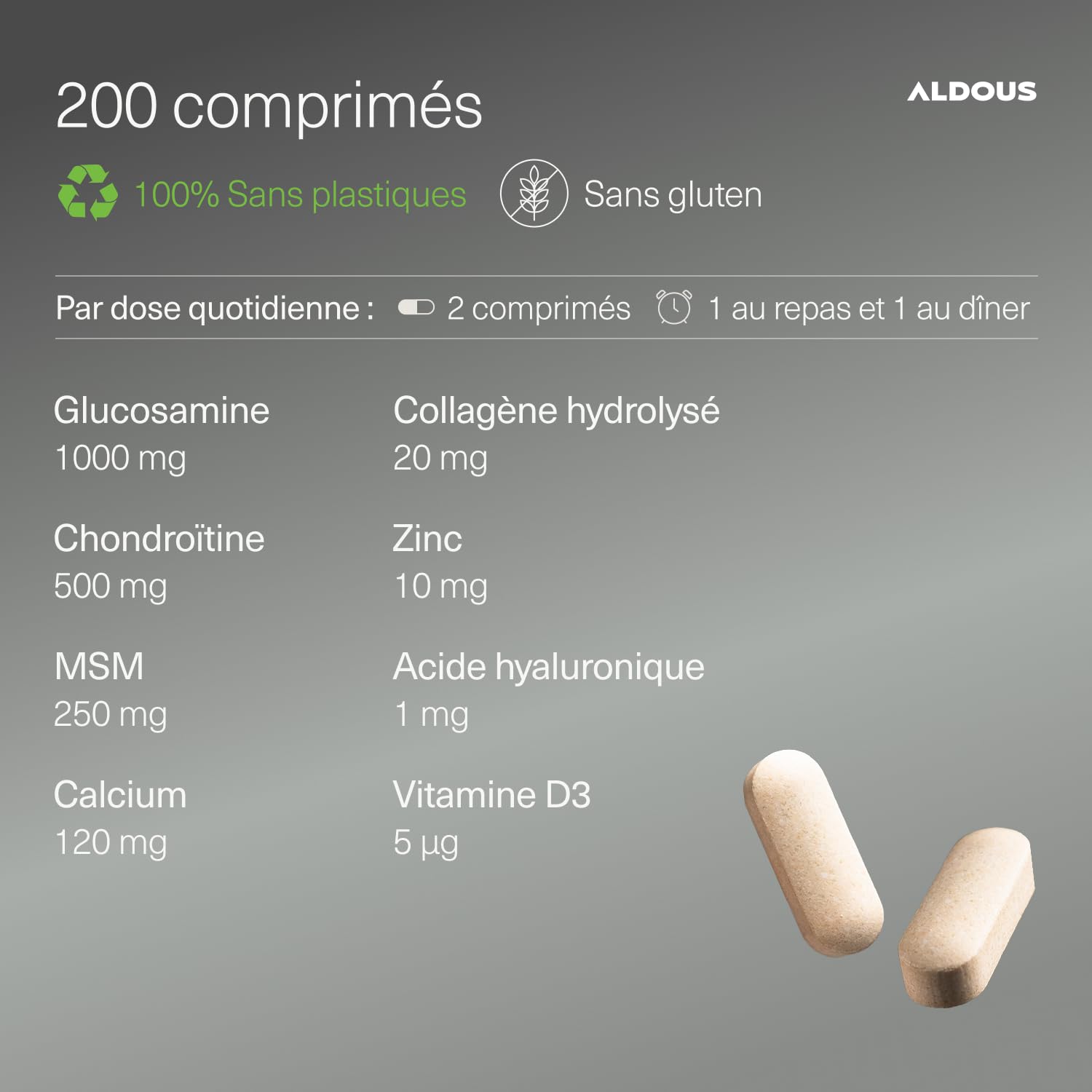 Glucosamine Chondroïtine MSM - 200 comprimés XL - Collagène, Acide Hyaluronique, Zinc, Calcium et Vitamine D3 - Anti-inflammatoire naturel - Pour les os et les articulations - Sans plastique - ALDOUS