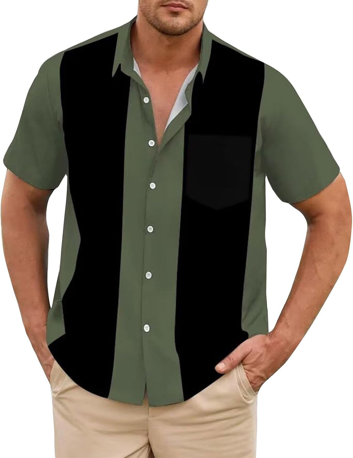 RTRDE Men's Casual Button Down Shirts Short Sleeve Color Block Summer Vacation Cuban Bowling Shirts, M-4XL