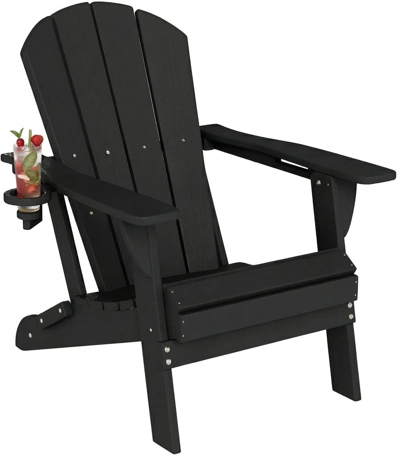 Kingdura Foldable Adirondack Chair, Portable HDPE All Weather Resistant Outdoor Patio Chair, Wooden Textured with Cup Holder, 380LBS Capacity for Poolside, Backyard, Deck, Fire Pit (Black)