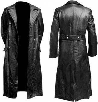 German Classic Officer WW2 Military Uniform Black Leather Trench Coat