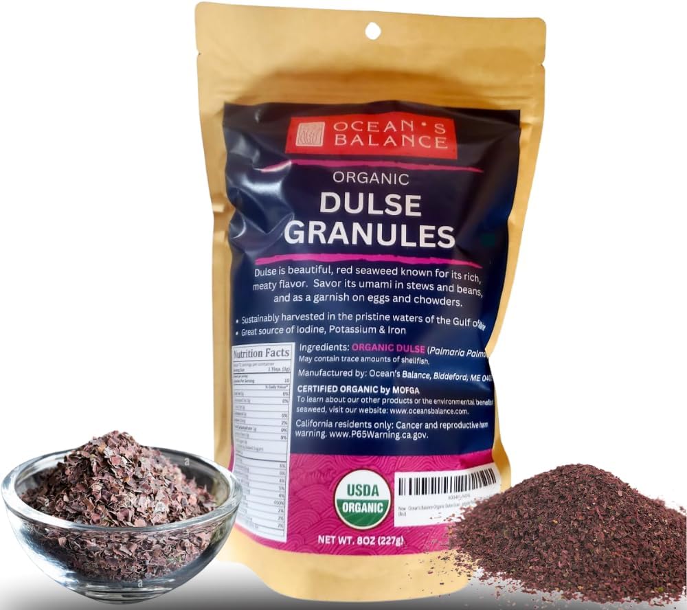 Ocean's Balance Dulse Granules – Iron & Minerals,Soup Topping Seaweed,Seaweed For Ramen,Salad & Snacks– Atlantic Dulse Flakes – Vegan, Gluten-Free, Paleo & Keto Friendly (8oz)
