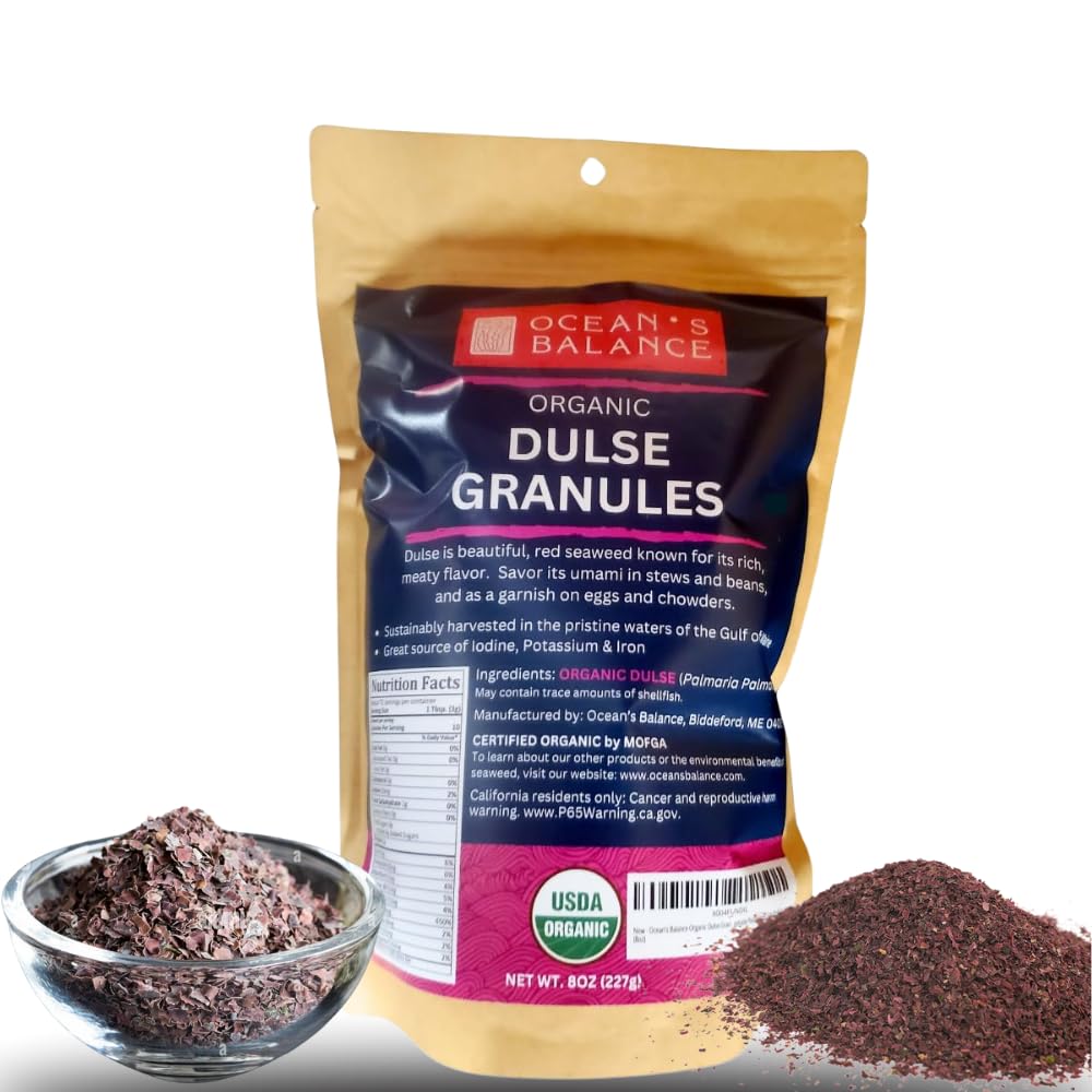 Ocean's Balance Dulse Granules – Iron & Minerals,Soup Topping Seaweed,Seaweed For Ramen,Salad & Snacks– Atlantic Dulse Flakes – Vegan, Gluten-Free, Paleo & Keto Friendly (8oz)