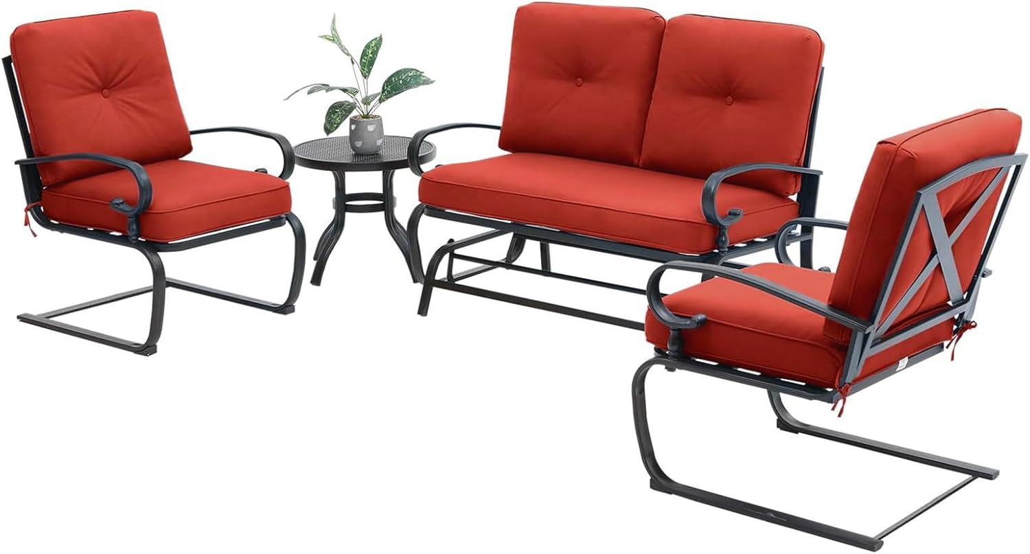 4 Pieces Metal Outdoor Furniture Patio Conversation Set, Glider Chairs Set with Round Side Table, Spring Lounge Chair Sets Metal Frame Wrought Iron Look (Red)