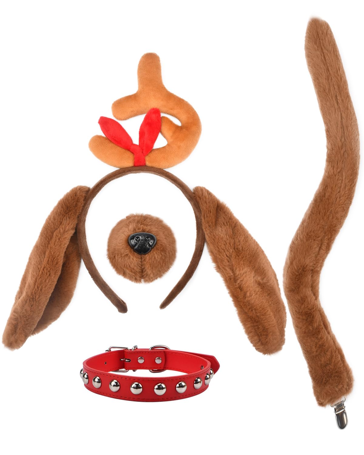 HODRME 4 Pieces Dog Ears and Tail Set-Dog Headband Nose Tail Bow Tie Cosplay Party Halloween Costume Accessoies