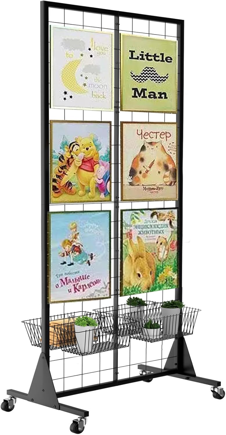 Gridwall Panel Display Stand, 2'x5.5' Heavy Duty Floor Standing Rack with Detachable Girdwall, Movable Silent Wheel, Easy to Transport, Ideal for Retail & Craft Fairs 1