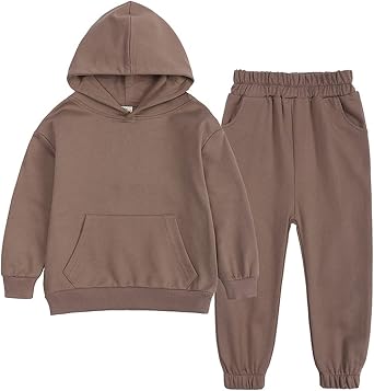 Boys Girls Sweatpants Set 2PC Outfits Unisex Casual Pullover Hooded Sweatshirt Jogging Pants Coffee, 1-2 Years