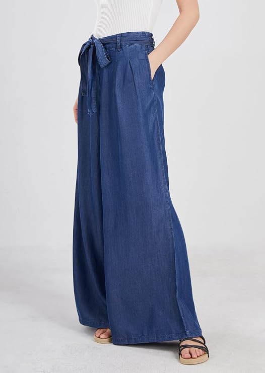 chouyatou Women's Casual Tie Knot Denim Pant High Waist Wide Leg Dressy Jean Pants Palazzo Culottes with Pockets