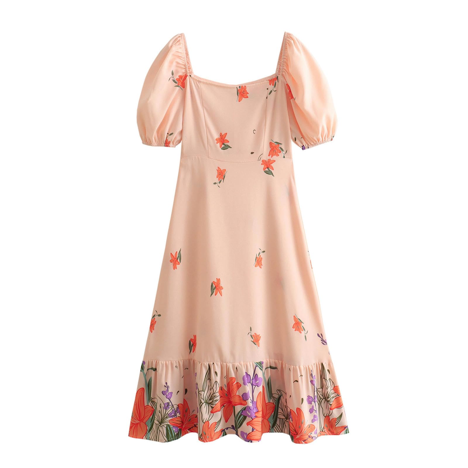 Robe mi-longue à volants pour vos terrasses d'été, style col carré chic et manches bouffantes