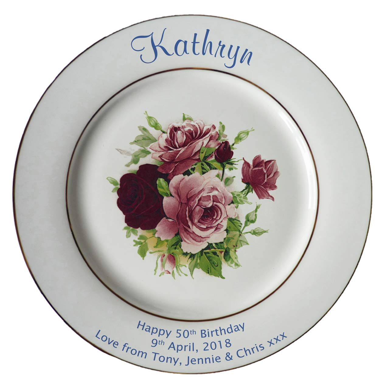 Personalised Bone China Plate for a Birthday - Summertime Design on a plate with Gold Bands