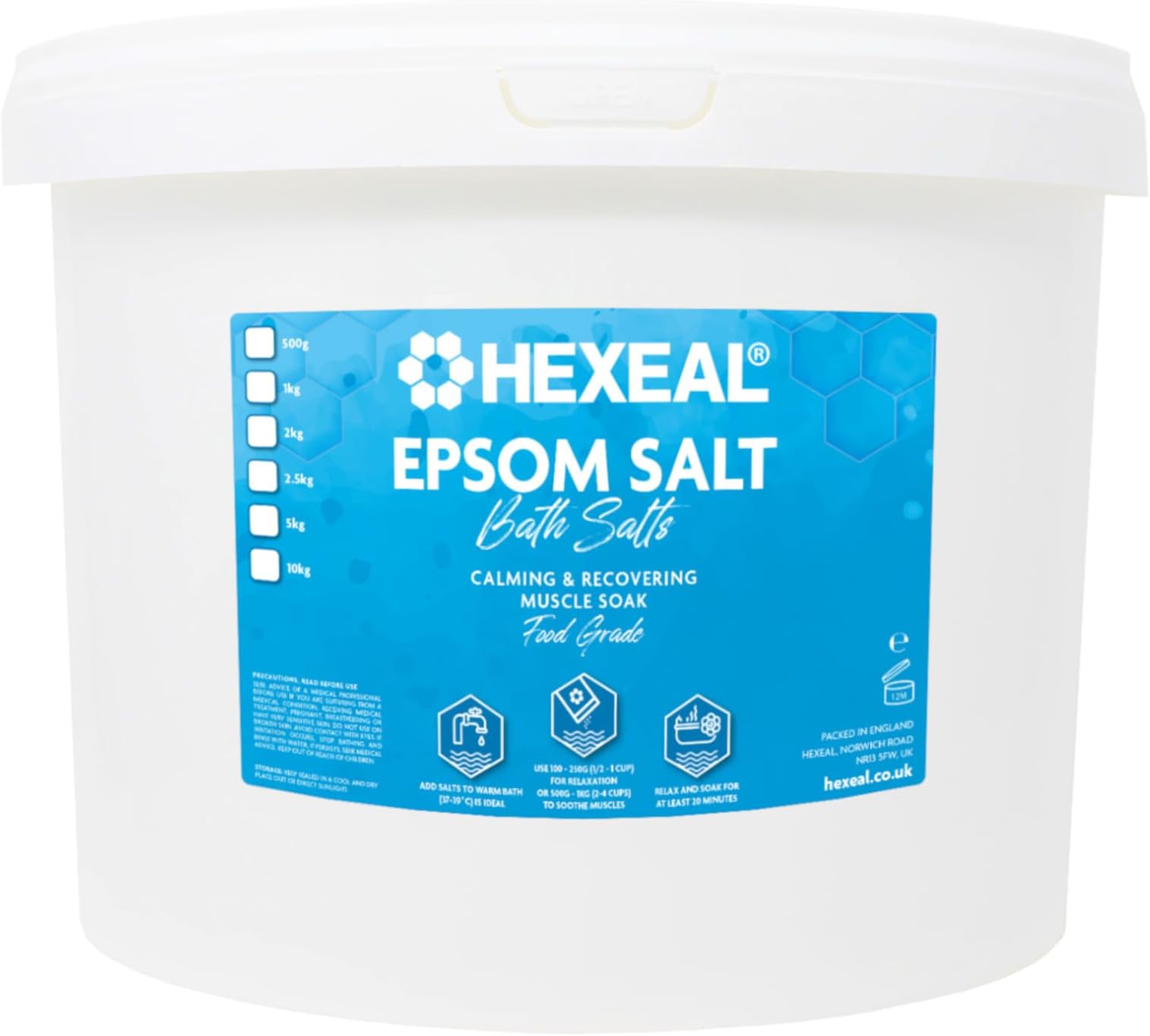 Hexeal Epsom Salt | 10KG Bucket | 100% Pharmaceutical | FCC Food Grade | Magnesium Sulphate