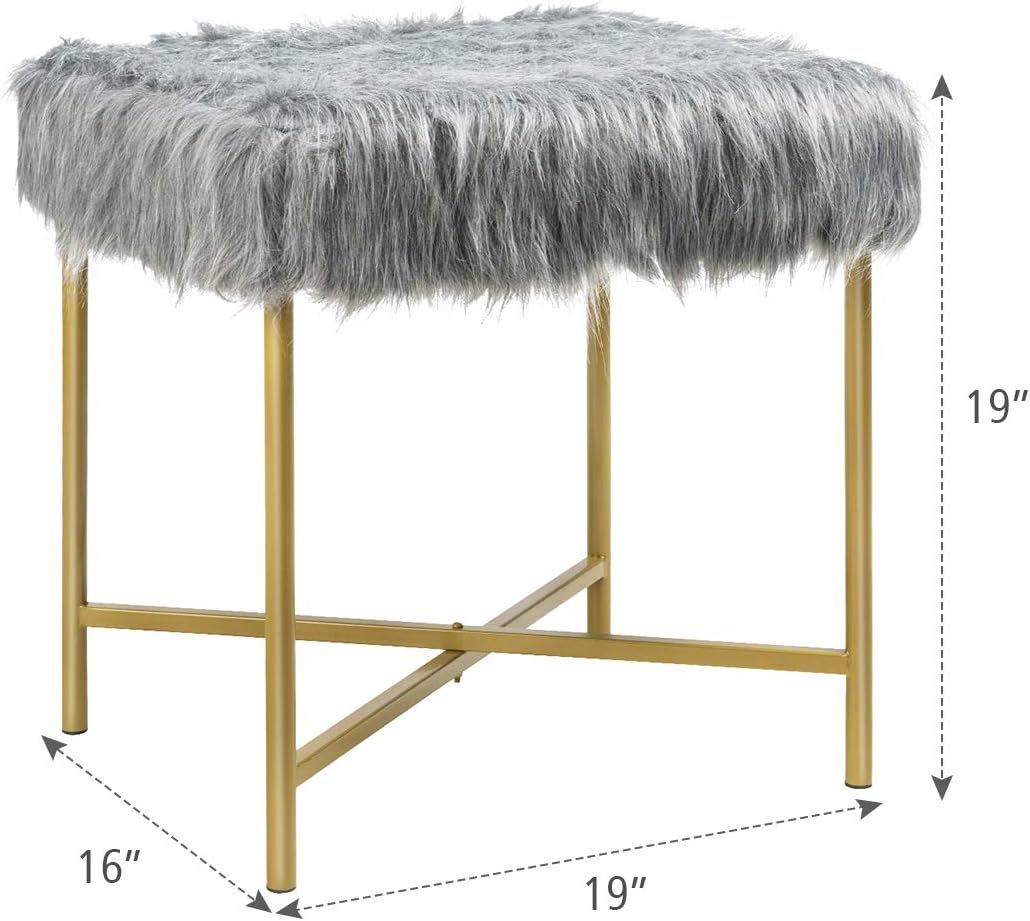 Giantex Ottoman Footrest W/Padded,Luxurious Faux Fur Covered Seat and Gold Metal Base for Living Room, Bedroom Square Ottoman (Gray)