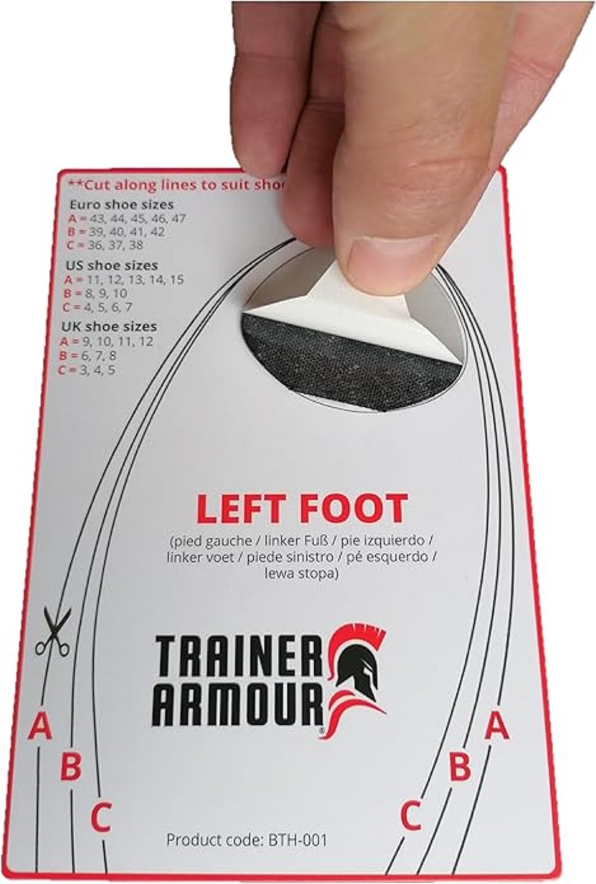 Prevención de agujeros en el dedo del pie para zapatos de correr y calzado de tela. Parches autoadhesivos con un aplicador inteligente. Fuerte e imperceptible cuando se ajusta.