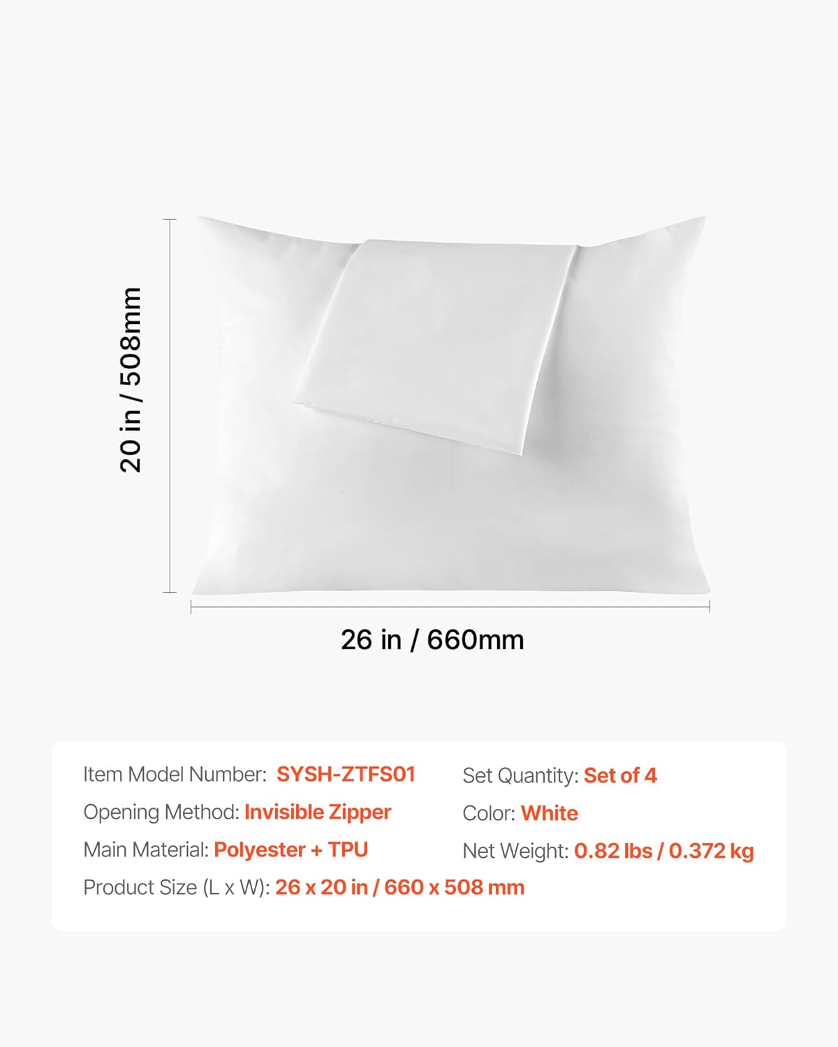 Diagram showing the dimensions of the pillow protector and key specifications.