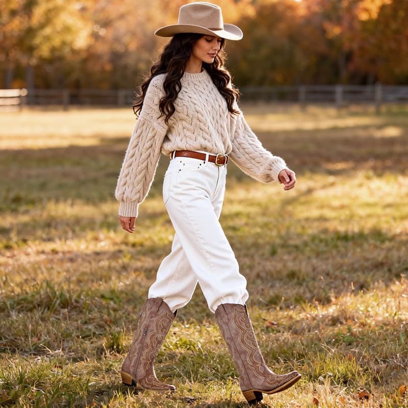 Cowboy Boots For Women Knee High Western Cowgirl Boots Snip Toe Side Zipper Chunky Heel - Image 6