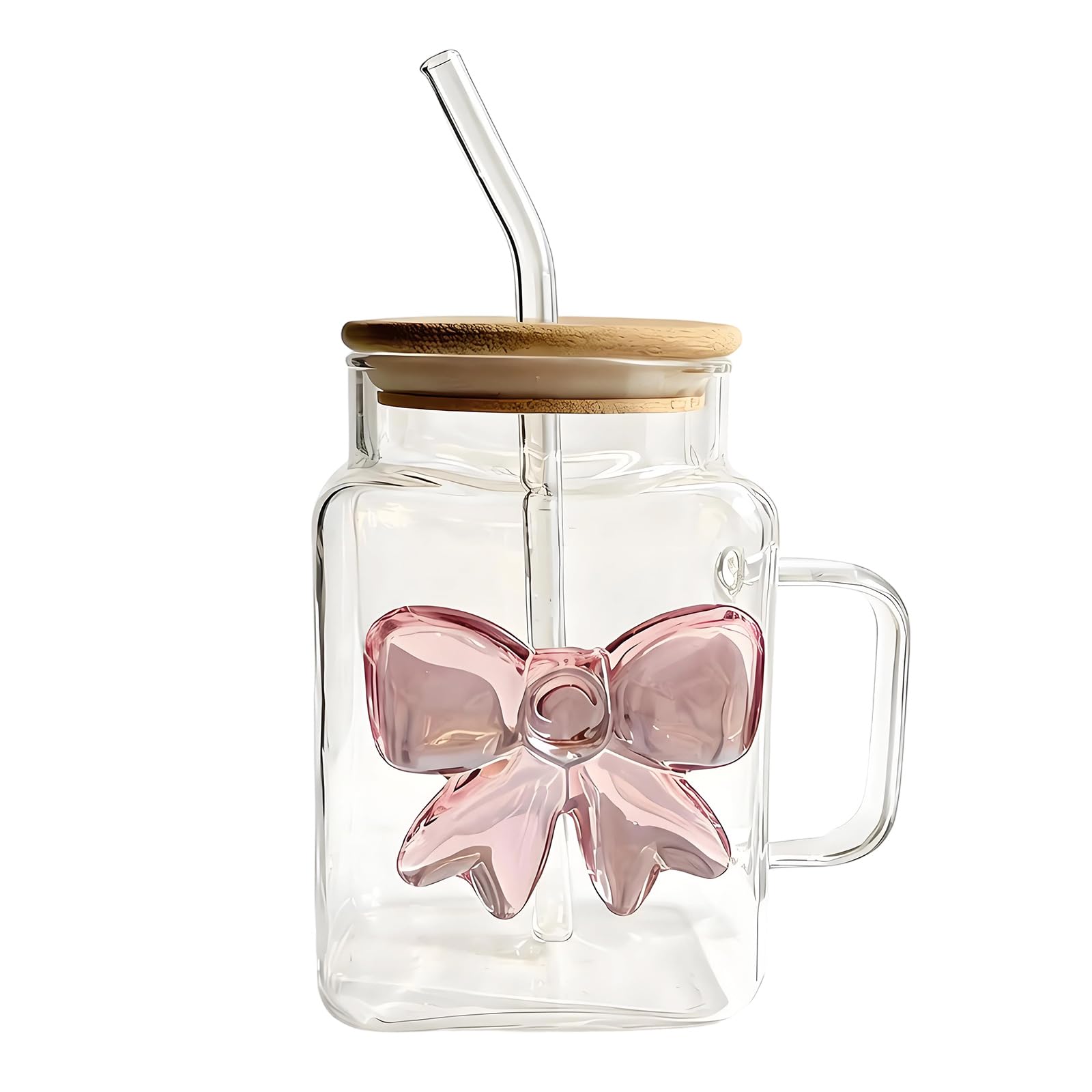 ZEPFJHE Drinking Glasses Cup with Comfortable Handle and Wooden Cover Straw Clear Drinkware Tumblers Mug Birthday Gift Square Glass Straw Cup