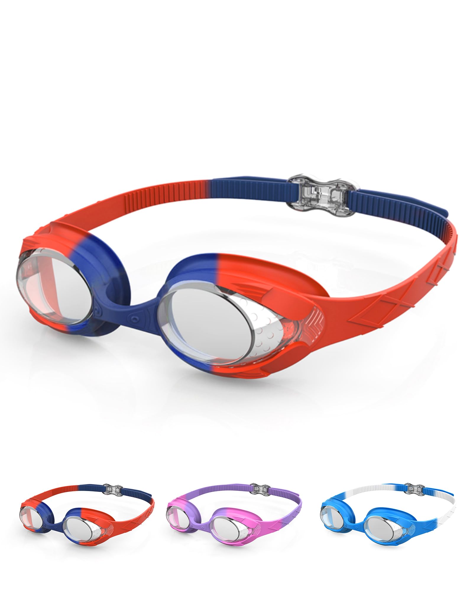 SWAUSWAUK Kids Swimming Goggles, Anti-Fog & Adjustable, Comfortable for 4-10 Years Old (Red & Blue)