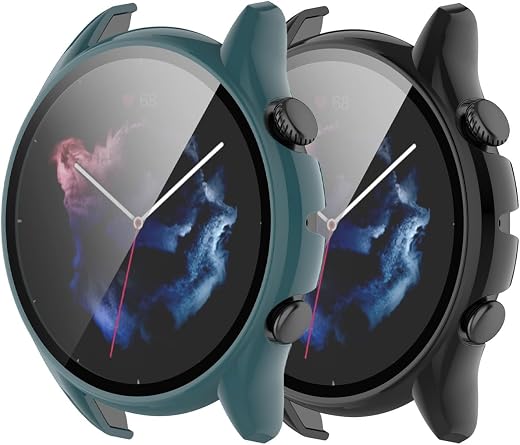 Case for Amazfit GTR 3 Pro & Amazfit GTR 3 Smart Watch,UYRUREL PC Shell+Tempered Glass Integrated Design,Anti Fall and Scratch Resistant, High-Definition and Transparent,Black+Green,2 Pack