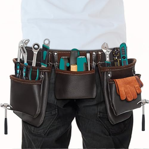 Miniatura 8 de Bolsa de cuero para cinturón de herramientas, cómodas bolsas de herramientas de apoyo para la espalda con tirantes para construcción, enmarcadores,