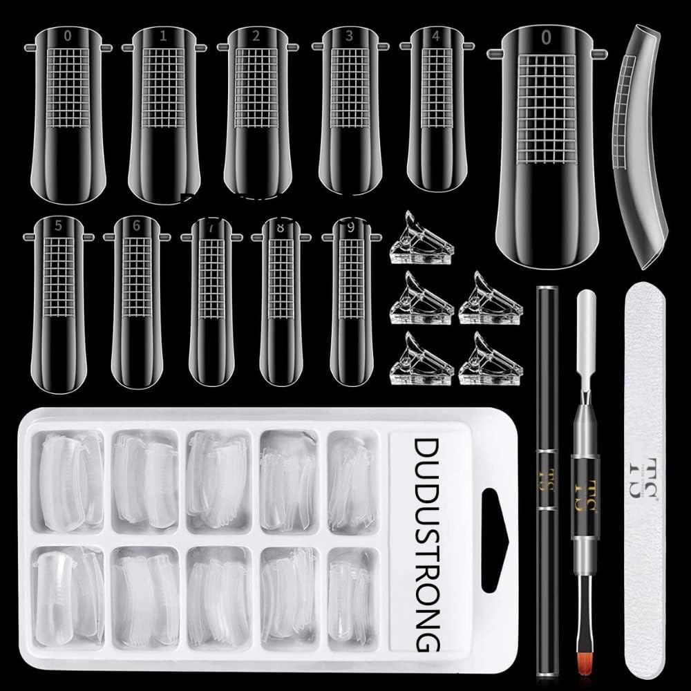 Dual Nail Forms Set Clear Dual Forms for Poly Gel Nail 100PCS Nail Extension Gel Nail Molds Full Cover Nail Tip 10 Sizes with Dual-end Poly Nail Gel Brush Manicure Tools for Nail Salon Home DIY(545DD)-image-24